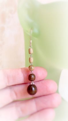 "This elegant pair of earrings made of two colors wooden  beads :  dark brown and green . The hooks are surgical steel silver plated . Very lightweight . Lovely simple  design !  Size : 1 \"  1/2 '  long             4 mm  - diameter of small brown ball            10 mm - diameter of larger brown color balls If you'll have any questions - welcome to contact me ! Here you can find collection of wood earrings : https://www.etsy.com/shop/TheWoodenTreasures?ref=listing-shop2-all-items-count&section_i Brown Wooden Earrings As Gift, Handmade Wooden Drop Earrings, Handmade Wood Drop Earrings, Brown Wooden Bead Drop Earrings, Brown Wooden Bead Earrings As A Gift, Brown Wooden Earrings For Pierced Ears, Brown Wooden Drop Earrings, Brown Earrings With Wooden Beads As Gift, Brown Wood Drop Earrings