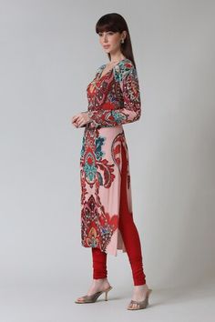 Red long sleeves A-line kurta with all over damask art print and mirror, beads embroidery detailing. Paired with a churidar and dupatta. - Aza Fashions Red Fitted Kurta With Printed Motifs, Fitted Red Kurta With Printed Motifs, Red Bohemian Kurta With Mirror Work, Bohemian Red Kurta With Mirror Work, Fitted Red Floral Print Kurta, Embellished Red Long Sleeve Kurta, Bohemian Long Red Sets, Damask Art, Red Damask