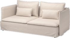 two white pillows sitting on top of a couch with beige linen covering it's arms and legs