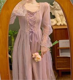 Misty Grace Romantic Vintage-Style Lace Fairy Princess Dress Pink Long Sleeve Fairycore Dress, Purple Vintage Dress, Pink And Purple Dress, Tangled Dress, Vintage Princess Dress, Embroidered Fairy, Cottagecore Fashion Aesthetic, Fairy Princess Dress, Purple Long Dress