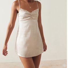 New With Tags Slip Dress From Urban Outfitters! Size Small, In Champagne White Silk Slip Dress Short, Casual Fitted Slip Dress For Sleep, Feminine Fitted Slip Dress For Day Out, Mini Length Slip Dress With Lace Trim For Brunch, Lace Trim Mini Slip Dress For Brunch, Mini Slip Dress With Lace Trim For Brunch, Beige Slip Dress For Brunch, Fitted Beige Slip Dress For Brunch, Chic White Sleep Dress