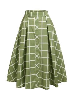 Green Cotton Midi Skirt, Retro Green A-line Skirt, Green Full Cotton Skirt, Green Cotton Knee-length Skirt, Green A-line Dress With Lined Skirt, Green Knee-length Cotton Skirt, Fitted 1950s Style Summer Skirt, Fitted Skirt In 1950s Style For Summer, Green Pleated Full Skirt Dress