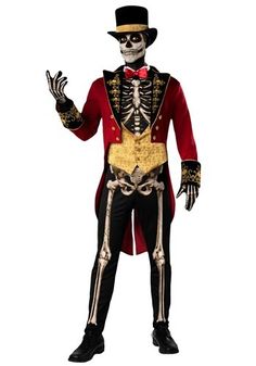 a skeleton dressed in a red and black costume