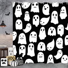 black and white shower curtain with ghost faces on it