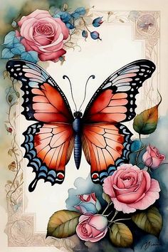 a painting of a butterfly with roses on it's back and the wings open