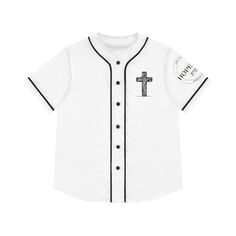 a white baseball jersey with a cross on the chest and black trimmings, in front of a white background