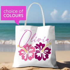 Get ready for a day by the shore with this fabulous personalized beach bag! Made from sturdy materials to hold all your beach essentials, this cute tote bag can be customized with your name or favorite phrase for a truly one-of-a-kind touch.  Whether you're soaking up the sun or strolling along the boardwalk, this stylish and practical beach bag will surely be your go-to accessory all summer. Grab yours today and make a splash wherever you go!  This custom tote bag is available in three sizes and features a roomy design with a square edge bottom, making it both stylish and practical. Choose from a variety of trendy colors to suit any style. Printed on both sides - note that the customization text is on 1 side only. Available in three sizes: * 13" x 13" * 16" x 16" * 18" x 18"   Product spe Customizable White Bag For Birthday, Personalized Pink Beach Bag, Personalized Pink Bag For The Beach, Multicolor Beach Bag For Beach Season Gift, Multicolor Beach Bag As Beach Season Gift, White Beach Season Gift Bags, White Bags For Beach Season, White Bags Suitable For Beach Season, White Summer Bag As A Gift