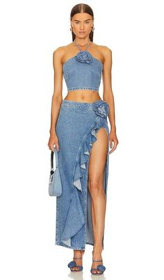 Blue Split Skirt For Spring, Spring Blue Split Skirt, Denim Top Women, Jeans Ideas, Rose Bowl, Maxi Skirts, Fashion Design Clothes, Lovers And Friends