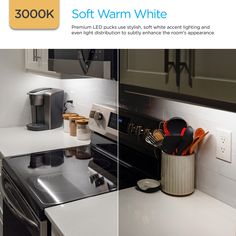 two pictures show the same kitchen appliances as well as other items on the counter top