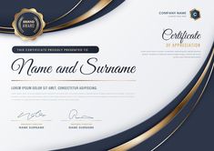 an award certificate is shown with gold and black lines on the front, along with a blue background