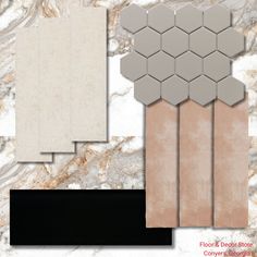 the floor and wall tiles are shown in different colors, shapes, and sizes on this marble background