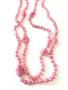 Vintage Long 54" Pink Glass Beaded Necklace Pink Large Beaded Long Necklace, Pink Long Necklace With Large Beads, Long Pink Necklace With Large Beads, Long Pink Beaded Necklace With Faceted Beads, Vintage Pink Single Strand Jewelry, Pink Long Beaded Necklace, Pink Long Necklace For Gift, Pink Multi-strand Large Beads, Pink Glass Beaded Necklace For Gift