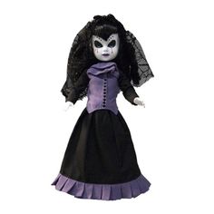 a doll with black hair and purple dress