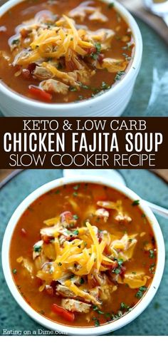 chicken fajita soup in a white bowl with cheese on top and the words keto and low carb chicken fajita soup