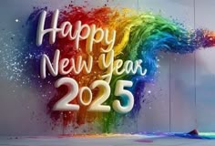 a colorful happy new year sign on a wall