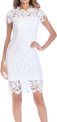 This Scalloped White Embroidered Lace Short Sleeve Mini Dress is crafted from lightweight and comfortable fabric. Its exquisite design features scalloped lace and intricate embroidery, making it a perfect addition to your wardrobe. Ideal for many occasions, it's a great piece to look and feel fabulous. 100% Polyester Imported Zipper closure Hand Wash Only Brand Size Dress Bust Waist Hip XS 0-2 31-32.5'' 23-24'' 31-34" S 4-6 33-35'' 25-26'' 35-37" M 8-10 35-36'' 27-28'' 38-39" L 12-14 38-40'' 29- Short Tight Dresses, Knee Length Wedding Dress, Evening Cocktail Dress, Short Wedding Dresses, Dress Weights, Sleeveless Skirt, Neckline Designs, Womens Clothing Online, Courthouse Wedding