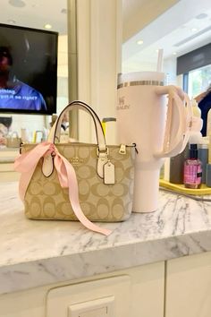 Pink Coach Bags, Old Money Brown, Pink And Brown Aesthetic, Cream Stanley, Light Coquette, Pink Coach Bag, Stanley Pink, Pink Coach Purses