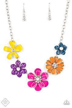 A row of colorful flowers blooms to life along the collar, creating a vibrant statement piece. Each flower features a different centerpiece, flawlessly sprinkling the design with whimsical sparkle and shimmery pearls. Silver edging outlines some of the layered petals, emphasizing the handcrafted character of the design. Features an adjustable clasp closure. Sold as one individual necklace. Includes one pair of matching earrings. Paparazzi Fashion, Paparazzi Accessories Jewelry, Multi Necklace, Color Cobre, Bling Necklace, Flower Patch, September 2022, Floral Accessories, 2022 Fashion