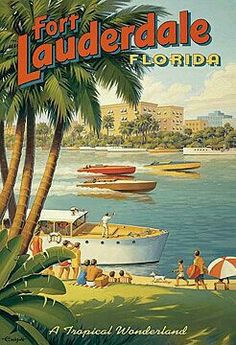 a vintage florida travel poster with boats and palm trees