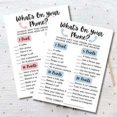 two printable phone game cards with the words what's on your phone?