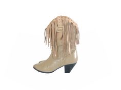 "Vintage 90's cowboy boots in beige cream leather. Long fringe with short heel. Size on tag : 7 1/2 Condition : Good vintage, some light scuffs Material : Leather upper MEASUREMENTS Toe to heel 9.5\" Widest part of toe 3.5\" Heel 3\"" Western Beige Leather Heeled Boots, Beige Leather Western Heeled Boots, Western Cream Leather Heeled Boots, Western Cream Ankle Boots, Cream Leather Western Heeled Boots, Western Style Cream Leather Heeled Boots, Western Style Cream Ankle Boots, Western Cream Snip Toe Heeled Boots, Western Cream Heeled Boots With Snip Toe