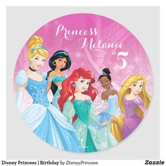 the disney princesses are standing together in front of a pink background with text that reads, princess melanie is 5