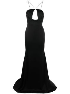 black cut-out detailing V-neck spaghetti straps floor-length Backless Maxi Dress For Black-tie Events, Elegant Evening Maxi Dress With Cutout, Evening Halter Neck Maxi Dress With Cutout, Formal Black Maxi Dress With Cutout, V-neck Cutout Maxi Dress For Evening, Evening Floor-length Maxi Dress With Cutout, Floor-length Cutout Maxi Dress For Evening, Cutout Floor-length Maxi Dress For Gala, Floor-length Cutout Maxi Dress For Gala