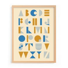 an art print with letters and numbers in blue, yellow, and orange on a beige background