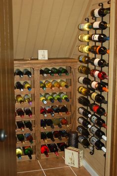 a wine rack in the corner of a room