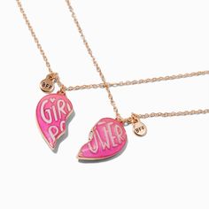 Claire's Best Friends Pink ''Girl Power'' Split Heart Necklaces - 2 Pack Trendy Pink Charm Necklaces For Mother's Day, Trendy Pink Charm Necklace For Friendship, Pink Charm Necklaces For Friendship On Valentine's Day, Pink Charm Necklace For Friendship On Valentine's Day, Pink Heart Charm Necklace For Friendship, Pink Heart Friendship Necklaces, Playful Pink Charm Necklaces For Friendship, Playful Pink Charm Necklace For Friendship, Cute Pink Charm Necklace For Best Friend