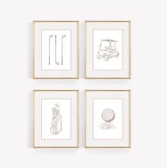 four framed pictures with golf related items on them in white and gold frames against a wall