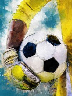 a painting of a person holding a soccer ball in their hand and wearing yellow gloves