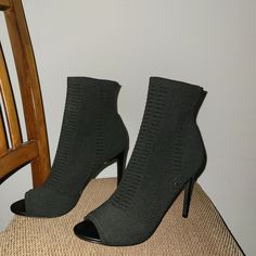 Steve Madden Candid Fabric Pep Toe Bootie. Never Worn. Perfect Condition. Elegant Black Fabric Heels, Chic Black Fabric Heels, Fabric High Heels For Fall, Fabric Round Toe Heels For Fall, Fall Round Toe Fabric Heels, Black Fabric Heels With Round Toe, Fabric Heels With Round Toe For Fall, Evening High Heel Booties For Fall, Fitted Open Toe Booties For Fall