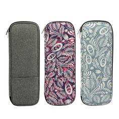 three cases with different designs on them, one in blue and the other in pink