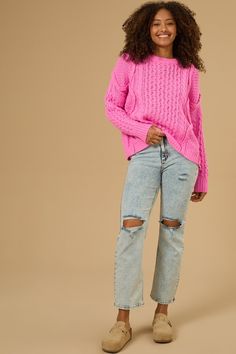 Sharon Knit Sweater in Pink | Altar'd State Trendy Cable Knit Turtleneck Sweater, Trendy Cable Knit Turtleneck Outerwear, Cable Knit Turtleneck Sweater For Cold Weather, Cold Weather Cable Knit Turtleneck Sweater, Trendy Cable Knit Sweater For Layering, Trendy Cable Knit Sweater For Cold Weather, Cable Knit Turtleneck Sweater For Layering, Trendy Cable Knit Crew Neck Outerwear, Trendy Cable Knit Sweater