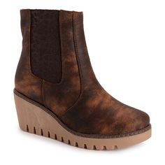 a women's brown ankle high boot with wedged heel and side zippers