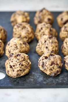 chocolate chip cookies on a cookie sheet with the words, chocolate chip glaze cookies