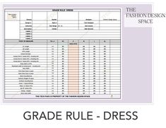 the fashion design space grade rules for dress sizes and measurements, as well as an image of