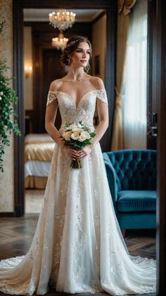 a woman standing in front of a blue couch wearing a wedding dress with off the shoulder sleeves