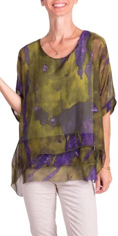 Our Classic Kaftan Style Blouse with Frayed Edge Under Layer Hem with an Acid Wash Print. 100% Silk // Interior: 95% Viscose, 5% Elastic Fits Sizes XS- XL Made in Italy