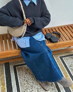 Denim maxi skirt, denim long skirt, Birkenstock outfit, button up shirt, grey knit sweater, Muslim fashion, modest fashion, hijabi fashion, museum date outfit, museum outfit, Hijabi Jeans Skirt Outfits, Long Jean Skirt Outfits Summer, Rain Weather Outfits, Trendy Winter Outfits, Hijabi Fits, 2024 Fashion Trends