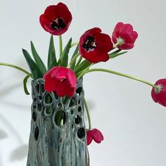 a vase with red flowers in it sitting on a table next to a white wall