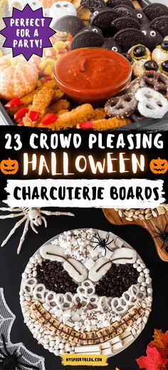 halloween party food and decorations with text overlay that reads, 23 crowd pleasing halloween character boards