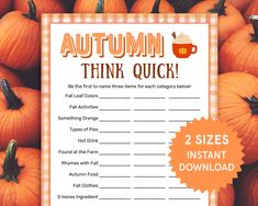 an autumn think quick card with pumpkins in the background and text that reads,