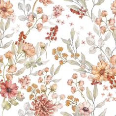 watercolor flowers and leaves on a white background for wallpaper or fabric, seamless