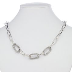 Silver-plated steel and "pewter" necklace features several rhinestone embellished links, and is ready to wear. Colors, shapes and sizes may vary in each lot. Metal Link Jewelry With Silver Chain, Silver Alloy Rhinestone Necklace, Silver Chain Link Metal Jewelry, Silver Rhinestone Necklace In Alloy, Silver Chain Link Jewelry, Nickel-free White Gold Necklace, Silver Clavicle Chain Link Jewelry, Silver Rhinestone Stainless Steel Jewelry, Silver Stainless Steel Jewelry With Rhinestones