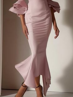 Pink Ruffled Short Sleeves V Neck Maxi Elegant Flounce Dress | fehaute Fitted Ruched Mermaid Dress With Fishtail, Stretch Mermaid Dress With Ruffles, Elegant Dresses With Ruffles And Mermaid Hem, Elegant Mermaid Hem Skirt For Spring, Elegant Mermaid Hem Dress With Ruffles, Ruched Mermaid Dress For Party, Spring Fitted Mermaid Dress, Fitted Mermaid Dress For Spring, Fitted Spring Mermaid Dress