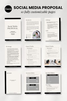 a bunch of pages that are on top of each other with the words social media proposal written