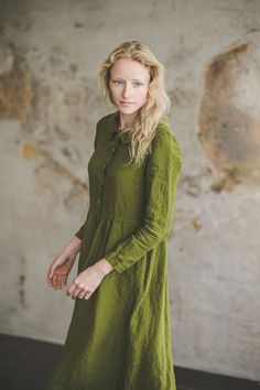 Casual Linen Long Sleeve Dress With Button Closure, Casual Long Sleeve Linen Dress With Button Closure, Green Linen Dress With Buttons, Linen Collared Dresses With Buttons, Green Linen Casual Dress With Buttons, Green Linen Shirt Dress For Daywear, Casual Linen Collared Dresses, Casual Green Linen Dress With Buttons, Fitted Linen Shirt Dress With Pockets