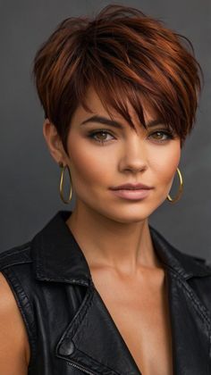 Chic Dark Copper Sleek Ponytail for Work 💼 Ponytail For Work, Brunette Pixie Haircut, Dark Hair With Red, Dark Copper Hair, Kris Jenner Hair, Pixie With Undercut, Dark Copper Hair Color, Pixie Hair Color, Copper Hair Dark